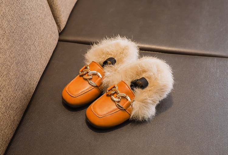 Girl's Chain Detail Eco Fur Loafers