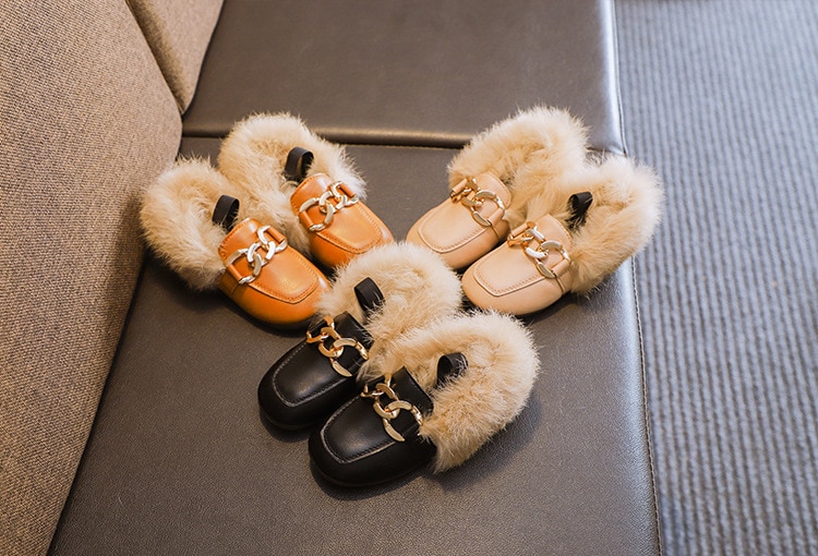 Girl's Chain Detail Eco Fur Loafers