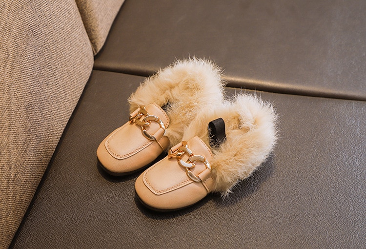Girl's Chain Detail Eco Fur Loafers