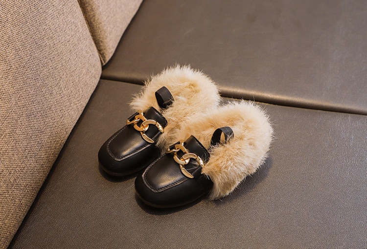 Girl's Chain Detail Eco Fur Loafers