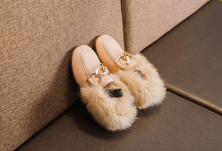 Girl's Chain Detail Eco Fur Loafers