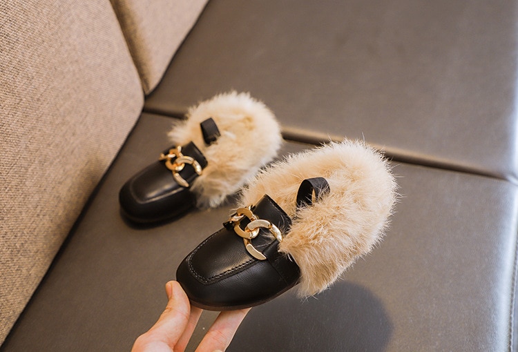 Girl's Chain Detail Eco Fur Loafers