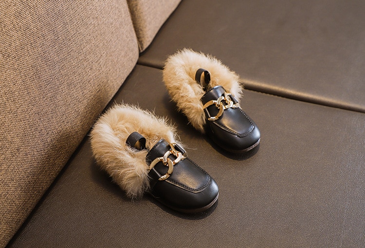 Girl's Chain Detail Eco Fur Loafers