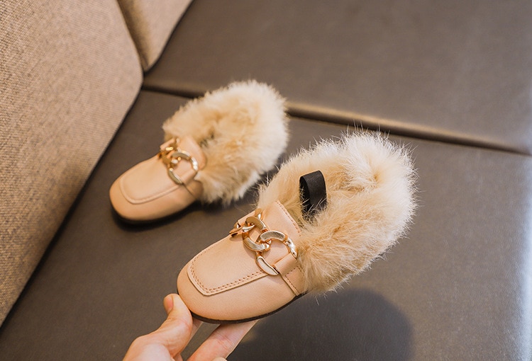 Girl's Chain Detail Eco Fur Loafers