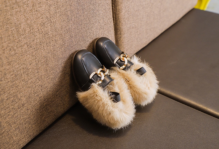 Girl's Chain Detail Eco Fur Loafers